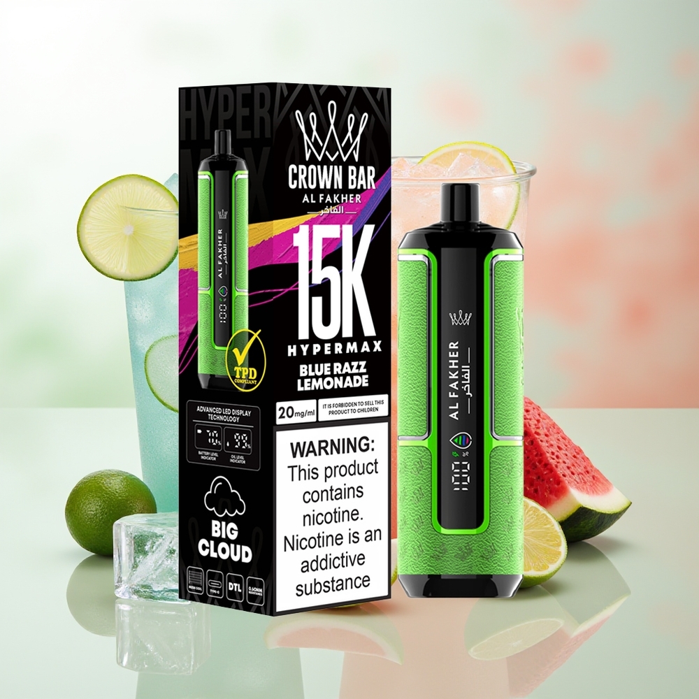 Al Fakher Crown Bar 15K Hypermax Einweg-Vape Kit Blaue Himbeere Limonade 22ml 600mAh Typ-C DTL 6mg/ml