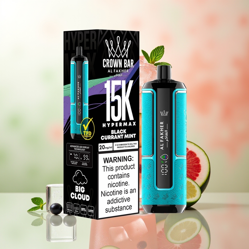 Al Fakher Crown Bar 15K Hypermax Einweg-Vape Schwarzjohannisbeere Minze 22ml 600mAh Typ-C DTL 6mg/ml