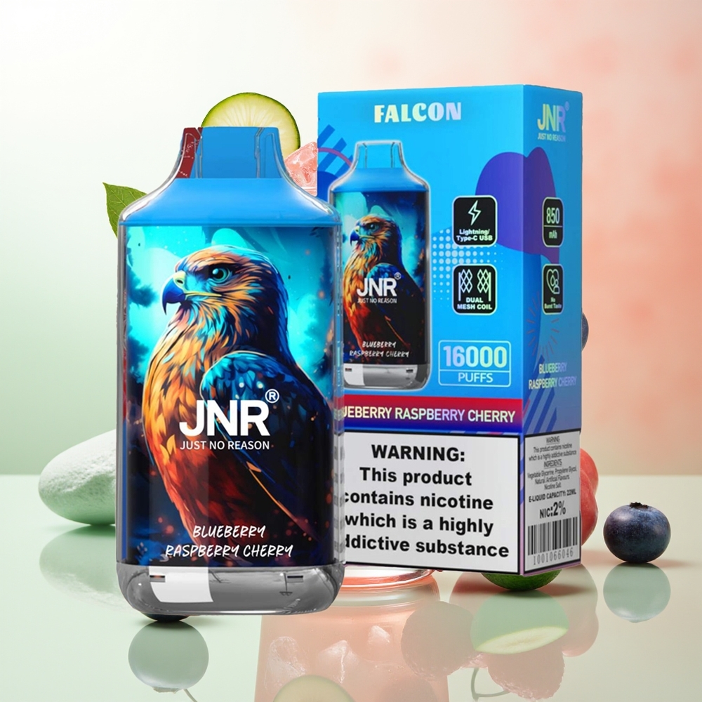JNR Falcon 16000 Züge Blaubeere Himbeere Kirsche 850 mAh 22ml Dual Mesh Coil Typ C & Lightning Smart LED Display 0% 2%