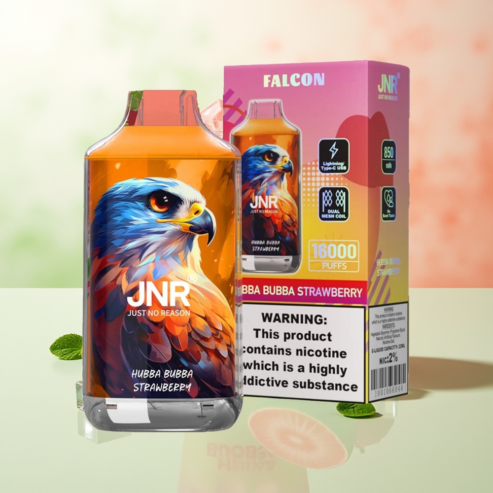 JNR Falcon 16000 Züge Hubba Bubba Erdbeere 850mAh 22ml Dual Mesh Coil Typ C & Lightning Smart LED Display 0% 2%