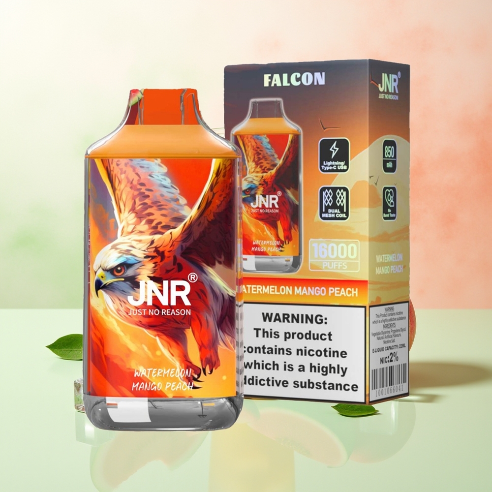 JNR Falcon 16000 Züge Wassermelone Mango Pfirsich 850 mAh 22ml Dual Mesh Coil Typ C & Lightning Smart LED 0% 2%