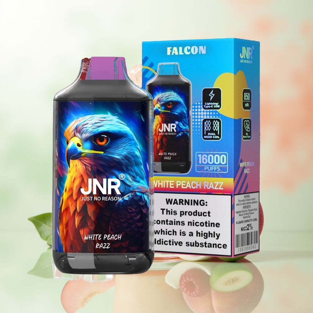 JNR Falcon 16000 Züge Weißer Pfirsich Himbeere 850mAh 22ml Dual Mesh Typ C LED 0% 2%