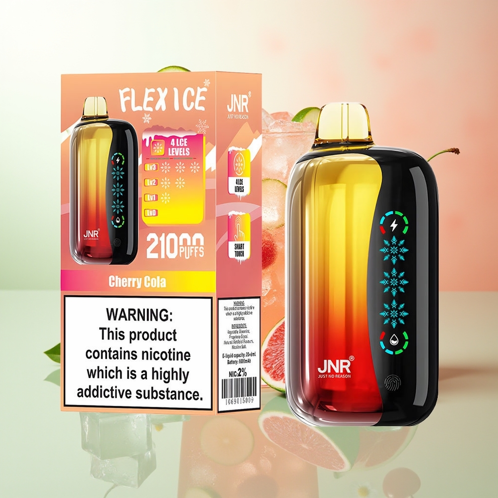 JNR Flex Ice 21000 Puffs Einweg-Vape Kirsch-Cola mit Eistemperaturregelung, 26ml E-Liquid, anpassbarer Luftstrom, Touchscreen