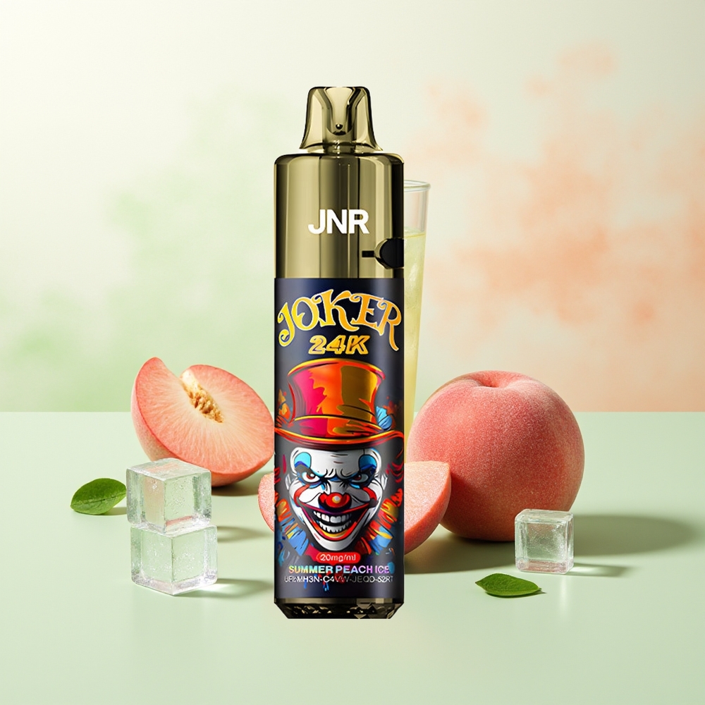 JNR Joker 24K Züge Sommer Pfirsich Eis Refillable Pod Seitliches Nachfülldesign Sichtbarer E-Liquid-Stand 800mAh Batterie Farbiges Atmungslicht Typ-C-Ladung TPD-Konform 2% Nikotin