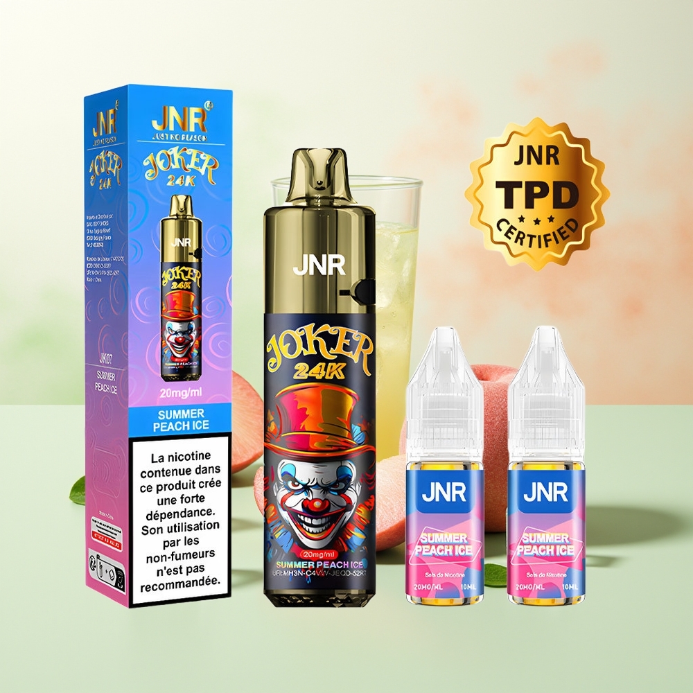 JNR Joker 24K Züge Sommer Pfirsich Eis Refillable Pod Seitliches Nachfülldesign Sichtbarer E-Liquid-Stand 800mAh Batterie Farbiges Atmungslicht Typ-C-Ladung TPD-Konform 2% Nikotin