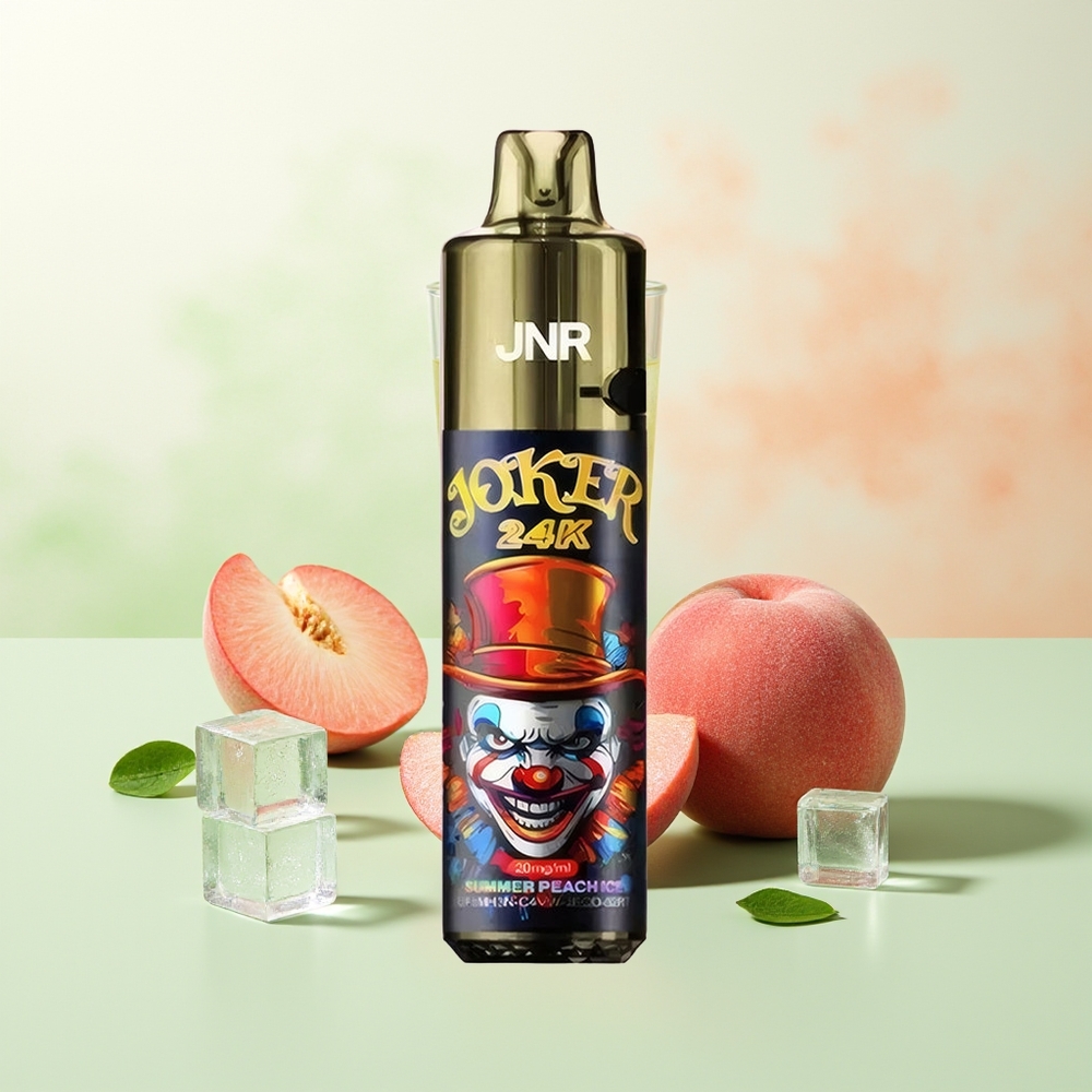 JNR Joker 24K Züge Sommer Pfirsich Eis Refillable Pod Seitliches Nachfülldesign Sichtbarer E-Liquid-Stand 800mAh Batterie Farbiges Atmungslicht Typ-C-Ladung TPD-Konform 2% Nikotin