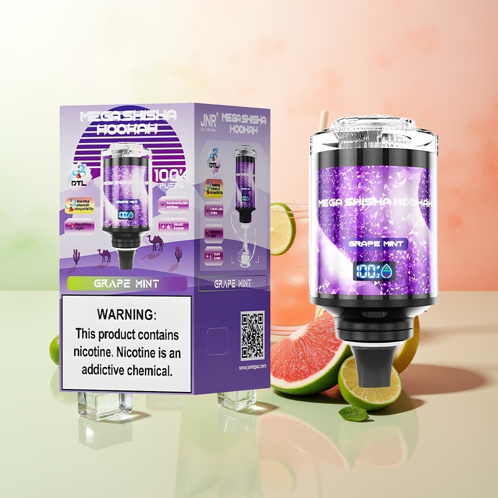 JNR Mega Shisha Hookah 100K Desktop Kompatibilität 100.000 Züge 60ml Weintraube Minze 2200mAh Typ-C Schnellladung Interaktiver Smart-Bildschirm Einstellbarer Luftstrom