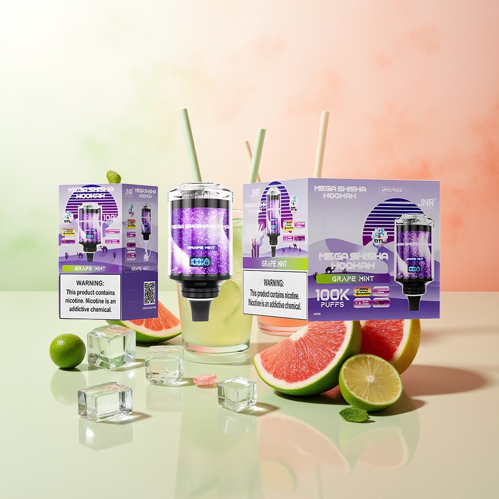 JNR Mega Shisha Hookah 100K Desktop Kompatibilität 100.000 Züge 60ml Weintraube Minze 2200mAh Typ-C Schnellladung Interaktiver Smart-Bildschirm Einstellbarer Luftstrom