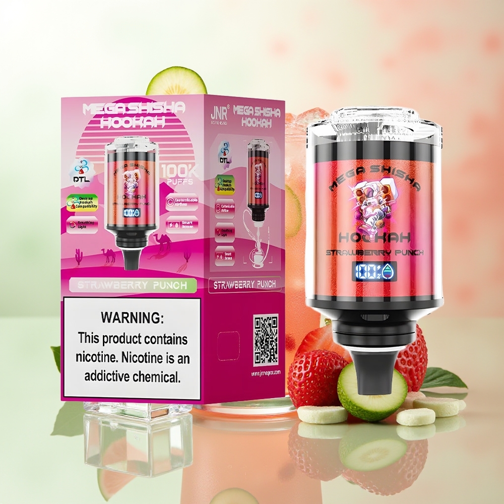 JNR Mega Shisha Hookah 100K Desktop Kompatibilität Erdbeer Punch 70.2mmx270mmx143.2mm 100000 Züge 60ml e-Liquid 2200mAh Akku Typ-C