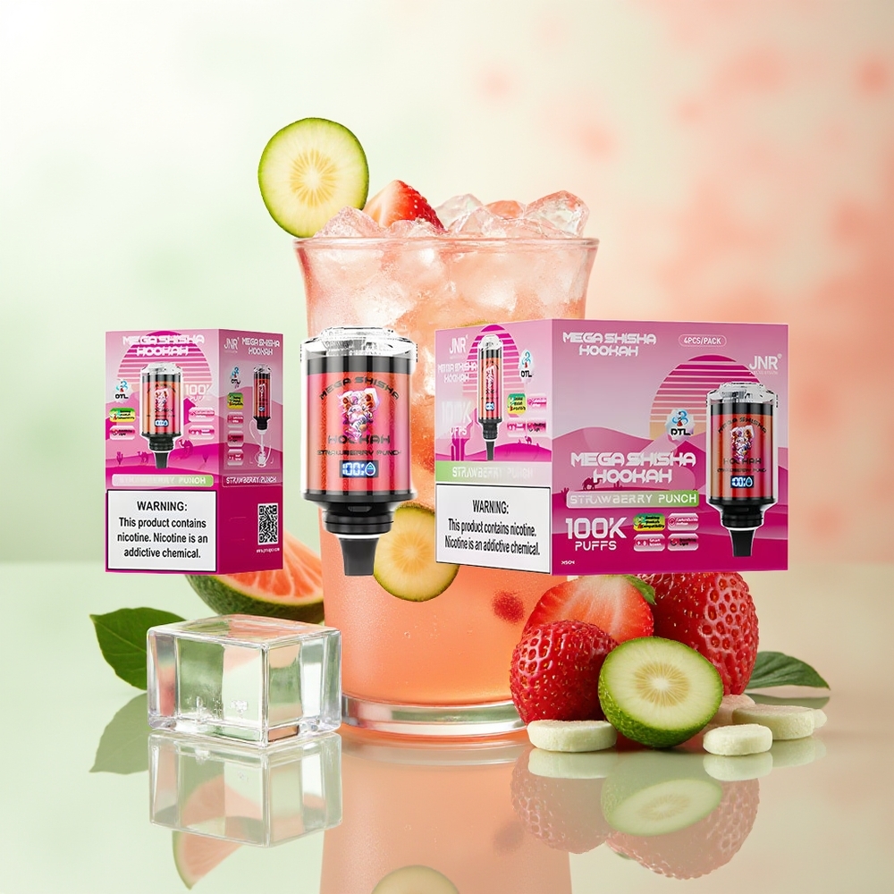 JNR Mega Shisha Hookah 100K Desktop Kompatibilität Erdbeer Punch 70.2mmx270mmx143.2mm 100000 Züge 60ml e-Liquid 2200mAh Akku Typ-C