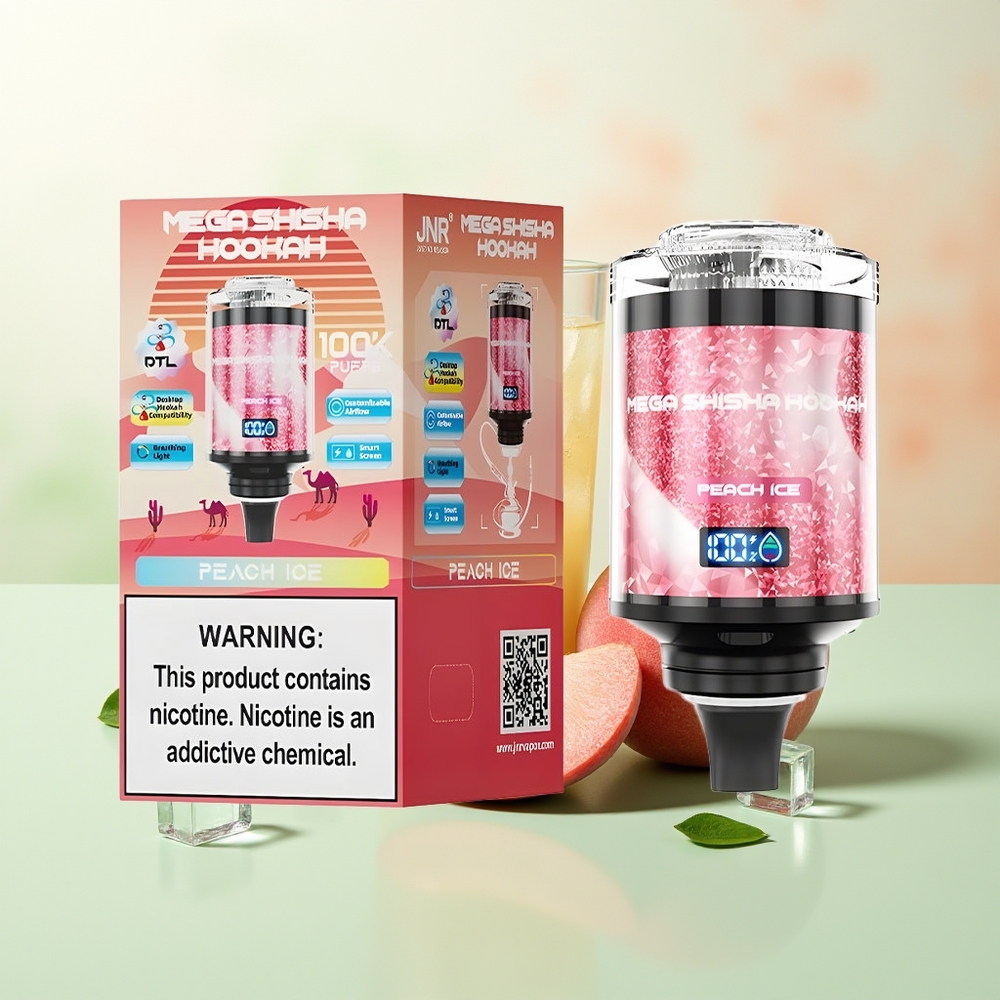 JNR Mega Shisha Hookah 100K Pfirsich Eis Desktop Kompatibilität Interaktives Smart Display Atmungsaktive Beleuchtung Einstellbarer Luftstrom
