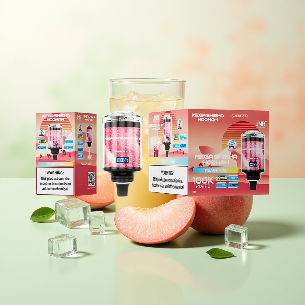 JNR Mega Shisha Hookah 100K Pfirsich Eis Desktop Kompatibilität Interaktives Smart Display Atmungsaktive Beleuchtung Einstellbarer Luftstrom