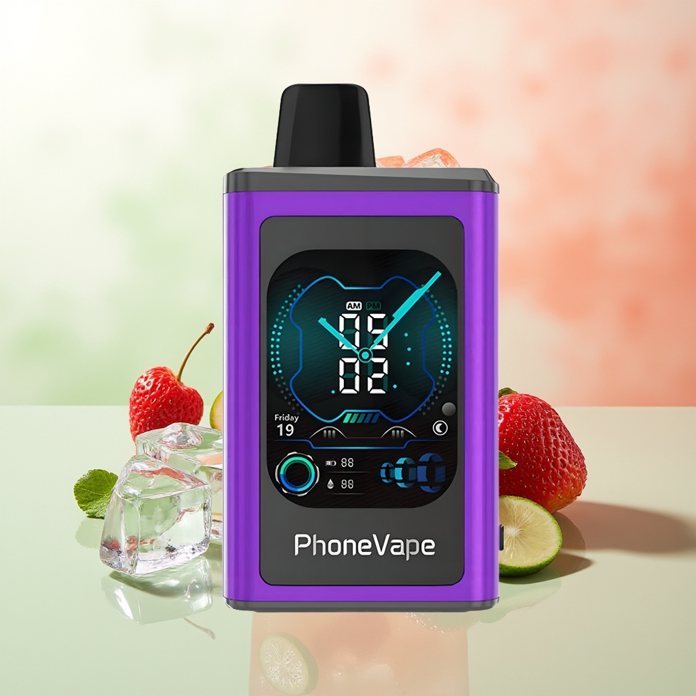 JNR PhoneVape 30000 Züge Kirsch-Erdbeer-Himbeer wiederverwendbarer Akku Turbo Modus einstellbare Luftzufuhr App-gesteuert Anruf und Text Fernkamera Sperrmodus Vollbildschirm 2%5% Nikotin