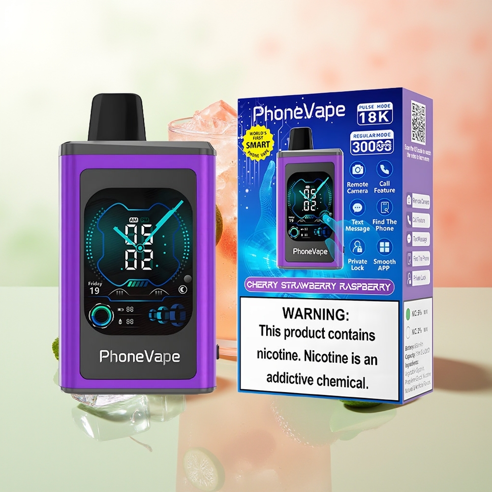 JNR PhoneVape 30000 Züge Kirsch-Erdbeer-Himbeer wiederverwendbarer Akku Turbo Modus einstellbare Luftzufuhr App-gesteuert Anruf und Text Fernkamera Sperrmodus Vollbildschirm 2%5% Nikotin