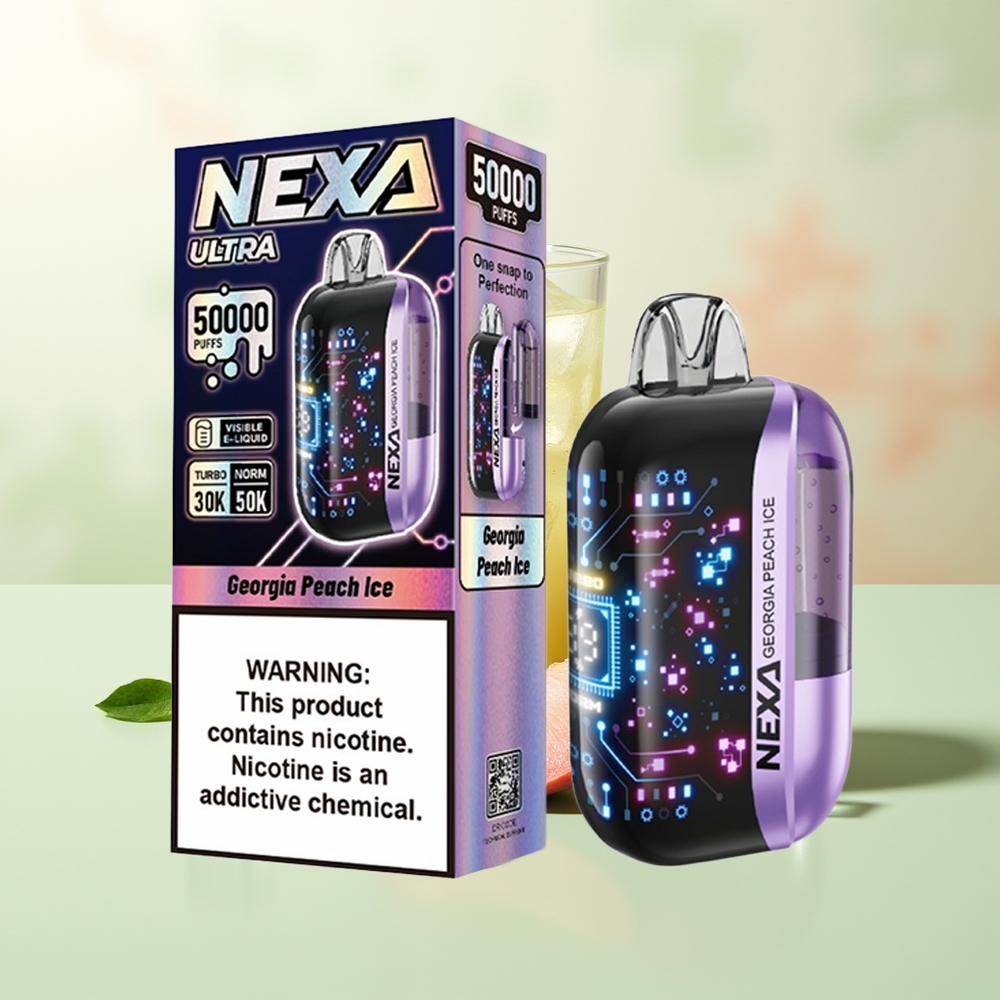 NEXA Ultra 50000 Züge Georgia Pfirsich Eis 20ml 800mAh 5% Nikotin 0,9ohm Dual Mesh Typ-C Ladung 3D gebogene Anzeige