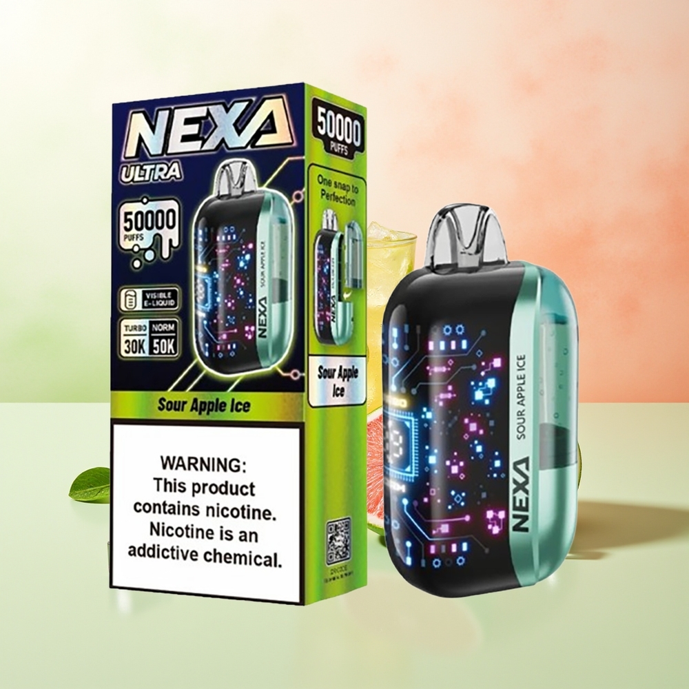 NEXA Ultra 50000 Züge Sauer Apfel Eis 20ml 800mAh 5% Typ-C 0.9ohm Dual Mesh 3D Display
