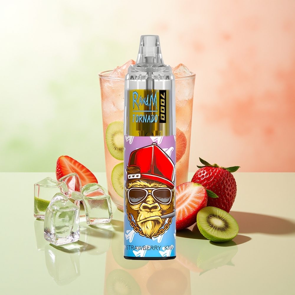 RandM Fumot Tornado 7000 Erdbeere Kiwi Einweg-Vape mit 14ML E-Liquid, 850MAH Akku, Mesh Coil, Typ-C Port, RGB Licht, Luftregulierung