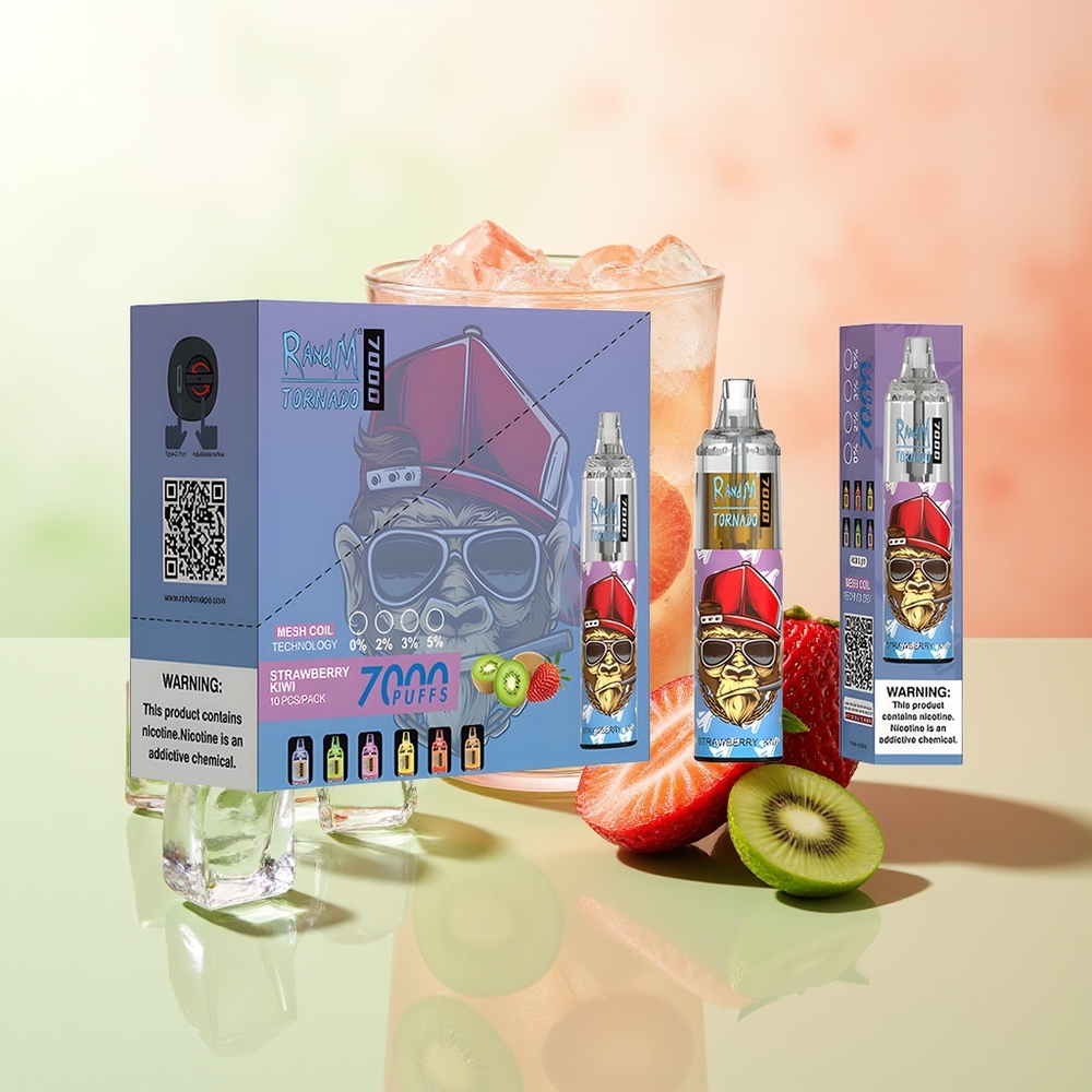 RandM Fumot Tornado 7000 Erdbeere Kiwi Einweg-Vape mit 14ML E-Liquid, 850MAH Akku, Mesh Coil, Typ-C Port, RGB Licht, Luftregulierung