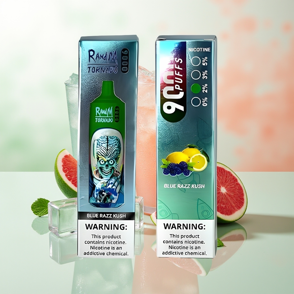 RandM Fumot Tornado 9000 Züge Blaue Razz Kush Wiederaufladbar 850 mAh 18 mL Mesh Coil RGB Display