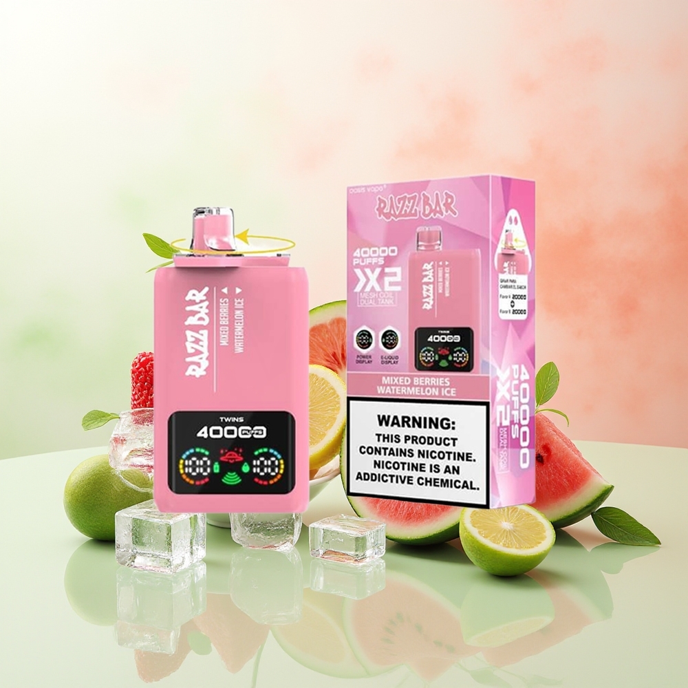 Razz Bar 40000 Züge Beeren-Wassermelone-Eis Typ-C Bildschirm 1.0Ohm 2 Mesh Coil 650mAh 2%5% Nikotin