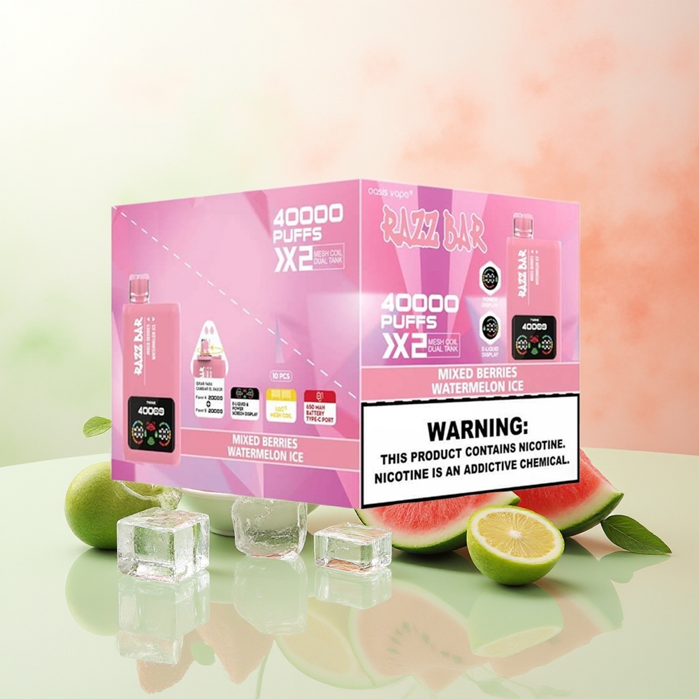 Razz Bar 40000 Züge Beeren-Wassermelone-Eis Typ-C Bildschirm 1.0Ohm 2 Mesh Coil 650mAh 2%5% Nikotin