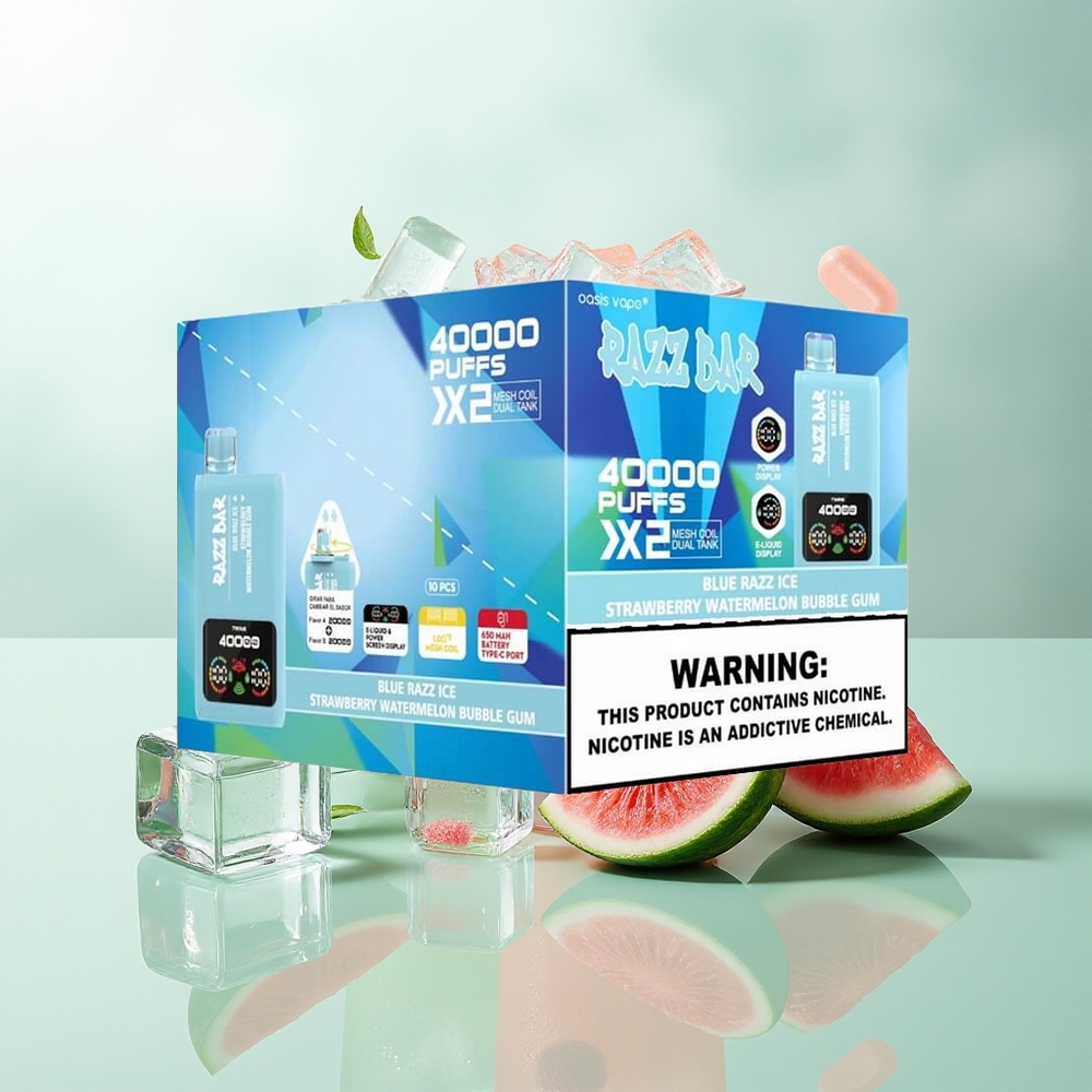 Razz Bar 40000 Züge Blaue Himbeere-Eis-Erdbeere-Wassermelone-Kaugummi Mesh Coil Typ-C 2%5% Nikotin