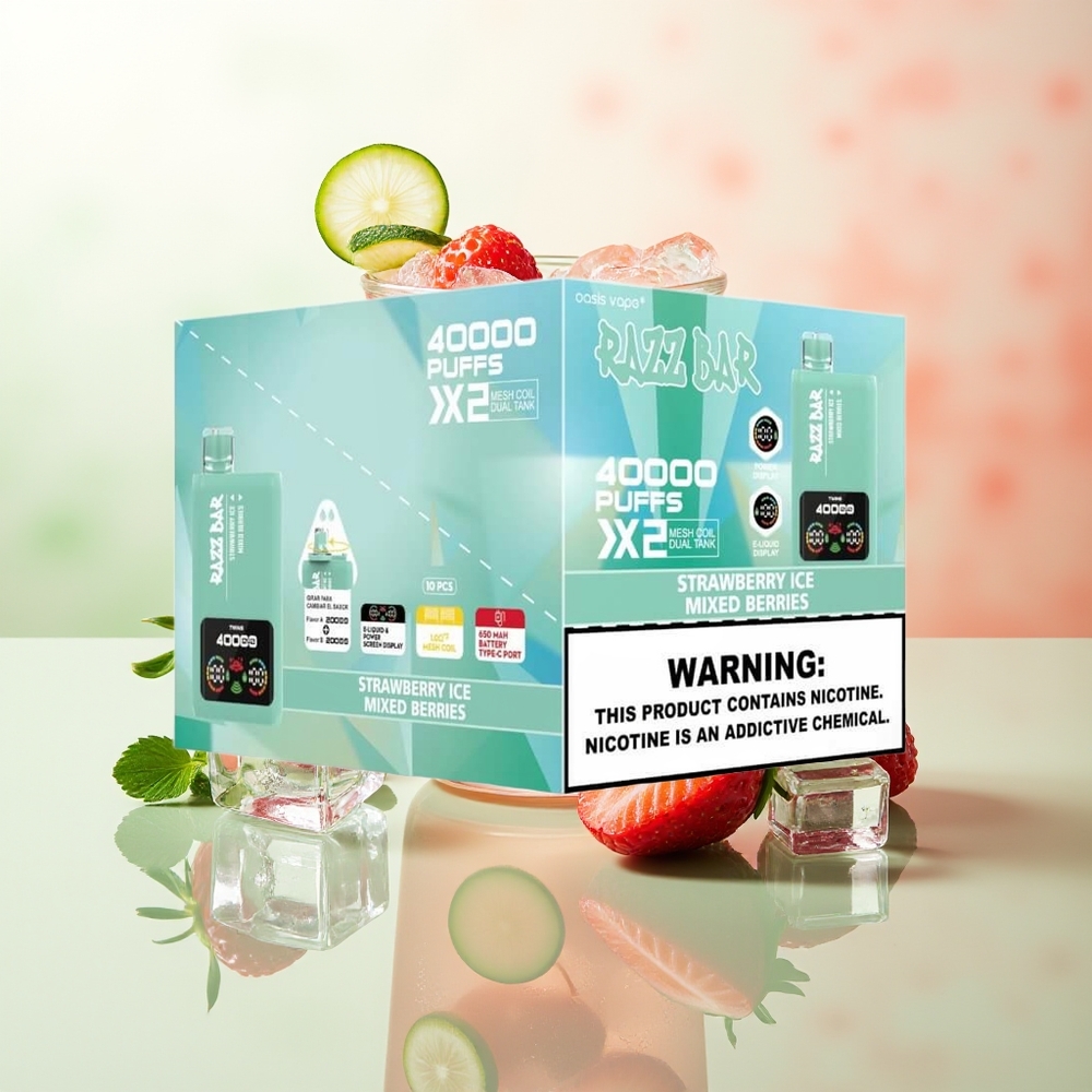 Razz Bar 40000 Züge Erdbeer-Eis - Beerenmix Energieanzeige Typ-C 1.0Ohm 2 Mesh Coil 650mAh 2%5% Nikotin