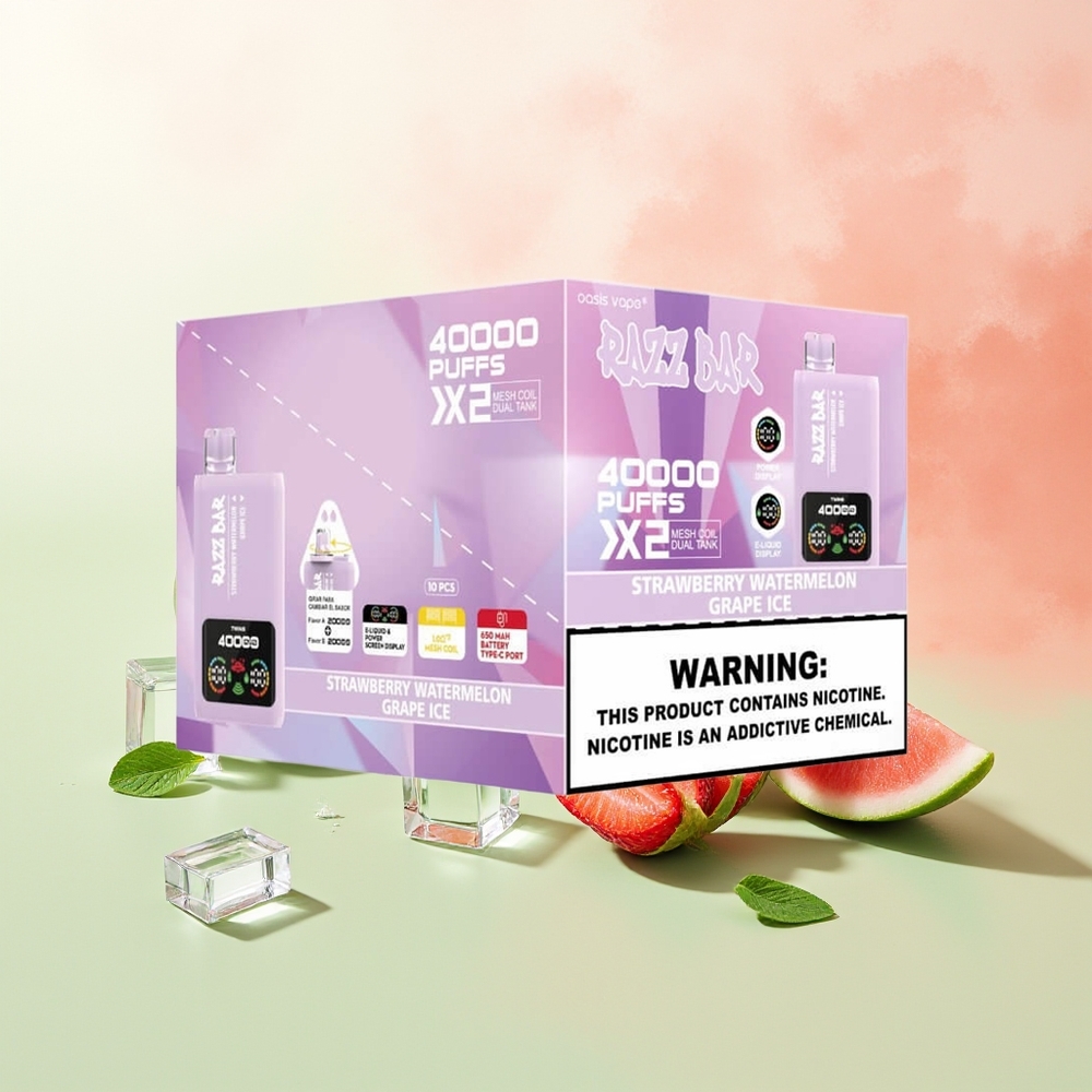 Razz Bar 40000 Züge Erdbeer-Wassermelone-Traube-Eis Typ-C Mesh Coil Leistungsanzeige 2%5% Nikotin