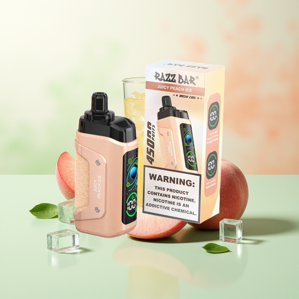 Razz Bar 45000 Züge Saftiger Pfirsich Eis 1.0 Ohm Mesh Coil Typ-C Aufladbar 650 mAh